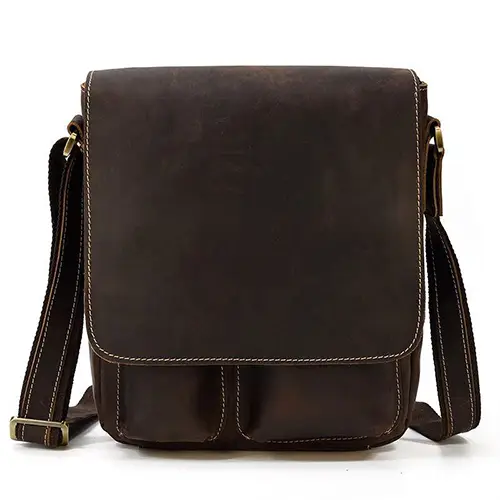  Vintage Leather Crossbody Messenger Bag with Flap and Front Pockets